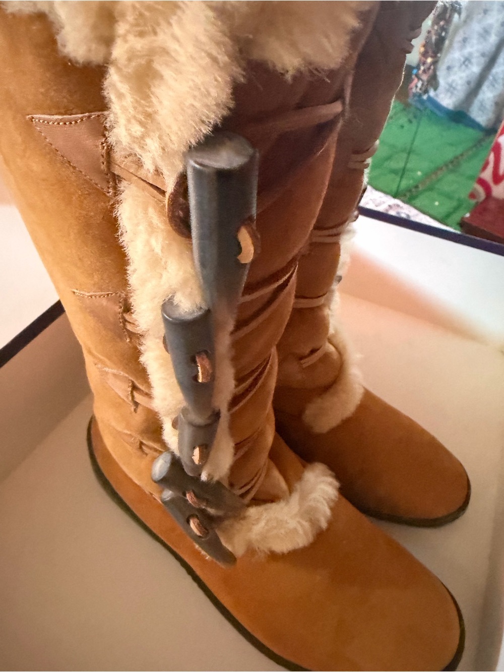Ralph Lauren Chestnut Brown Suede Winter Boots with Shearling Trim